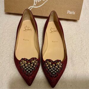 Christian Louboutin Burgundy Heart Embellished Flats